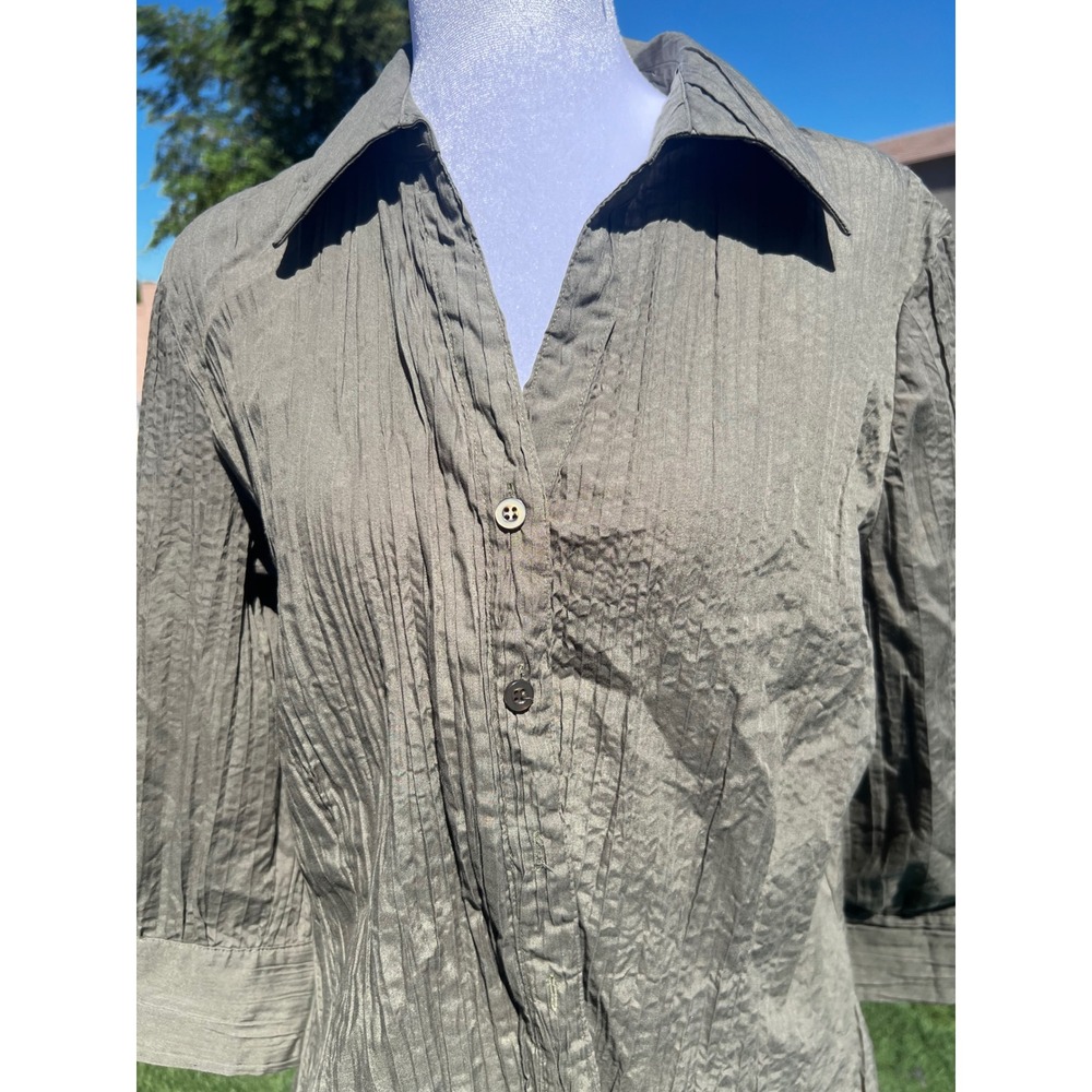 Fred David Womens Olive Green Crinkle Texture 3/4 Sleeve Button Down Shirt L